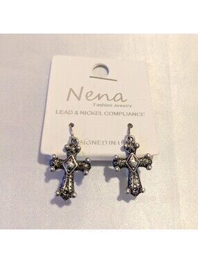 Nena Gothic Cross Dangle Earrings Silver-Tone Crucifix Christian NEW 1-1/8" Long